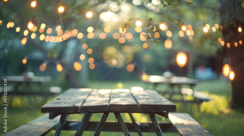 Poster dreamy defocused image of a rustic barbecue event complete with picnic tables and string lights hang