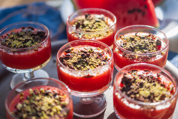 red watermelon desert iced and served with chocolate 