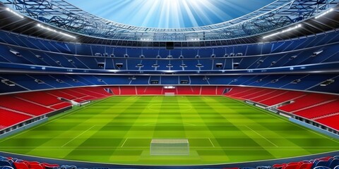 Modern soccer stadium with an empty field and vibrant seats, showcasing a spacious arena ready for competitive sports and events, Generative AI