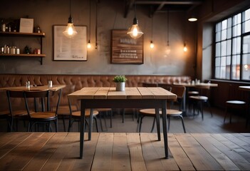 Blurred cafe interior with warm lighting and cozy atmosphere