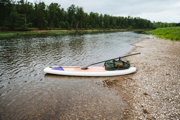 A paddleboard rests on the riverbank in a serene forest, ideal for outdoor adventures in a peaceful...