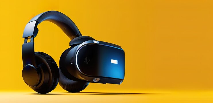A vr with headphones is black on a yellow background