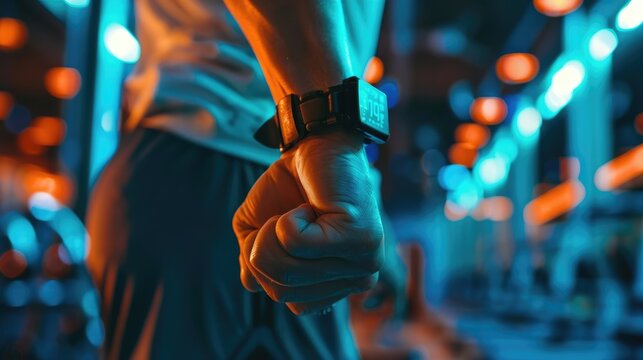 Energized Fitness Enthusiast Using Advanced Tracker in Modern Gym Setting