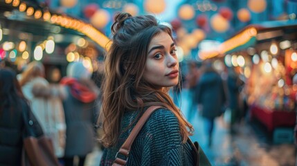Obraz premium Chic Young Woman with Trendy Handbag in Bustling Market Setting, Vibrant Lifestyle Branding Image
