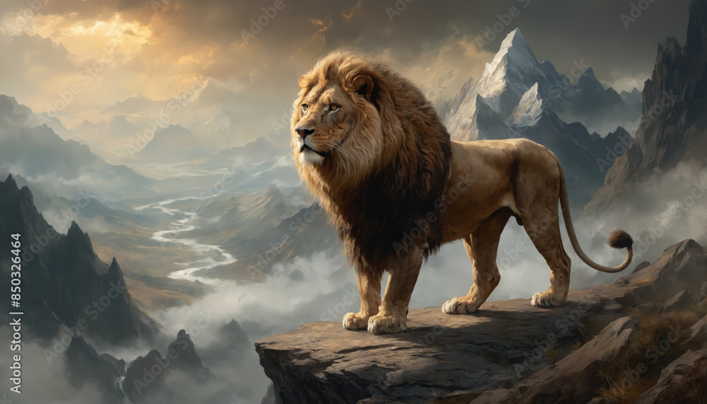 Wall mural fantasy illustration of a wild animal lion. digital art style wallpaper background.