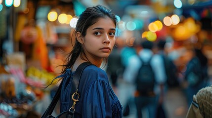 Obraz premium City Chic: Young Woman with Trendy Handbag in Vibrant Market Scene