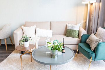 Interior of light living room with brown, grey sofas, coffee table and large window