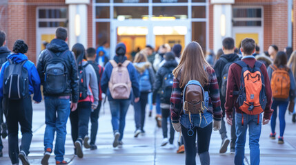 Students Walking into High School During Morning Rush Hour