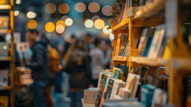 Defocused crowd gathered around a busy book signing event.