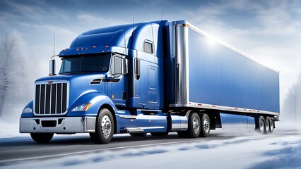 Big blue semi-guard rig grille refrigerator truck transporting frozen cargo, with spoiler trailer skirt, running straight road, hauler freight trucking transportation.


