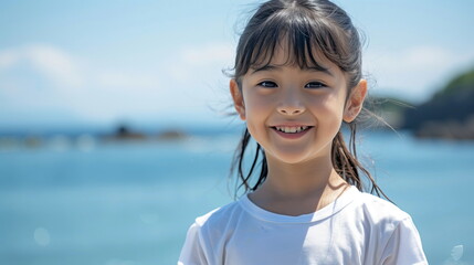 海をバックに楽しそうにしている少女