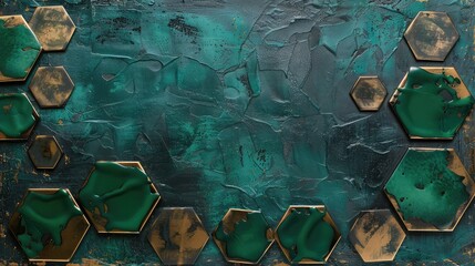 Forest green and antique brass create hexagonal patterns on an abstract, textured canvas.