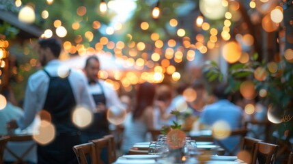 Multiple blurred images of waiters and diners mingle in the defocused background.