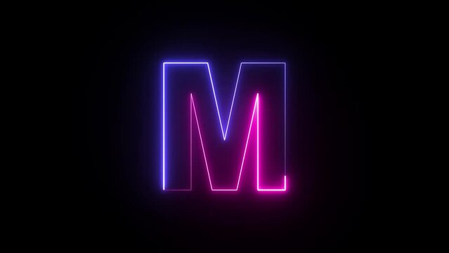 Animated neon letter M. Two-color looping trendy glowing neon alphabet letter M. Educational concept with neon letter