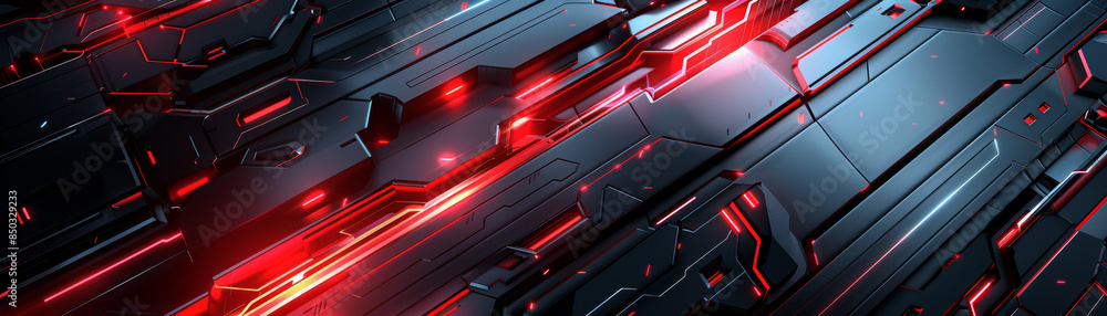 Poster vivid red metallic lines intersect with sleek black shapes in a futuristic cyber pattern.