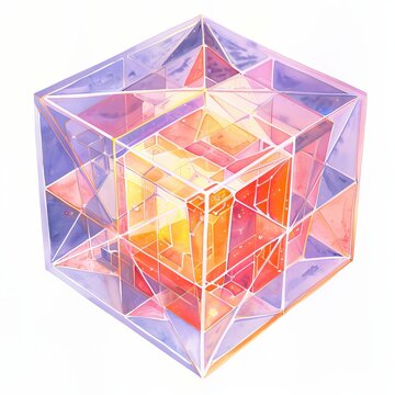 Watercolor painting of a hypercube glowing with ethereal light, illuminating its intricate lattice of edges and vertices, on isolated white background, Generative AI