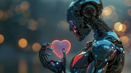 Advanced humanoid robot with polished steel exterior, holding a holographic heart, soft blue lights reflecting a tender emotion