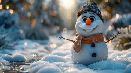 Obraz premium A snowman with a carrot nose and twinkling eyes