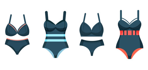 Collection of dark blue one and two pieces swimsuits for woman. Elegant and sexy beachwear