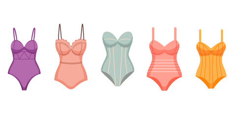 Colorful elegant bathing suits for woman. Swimsuit collection. Beachwear set