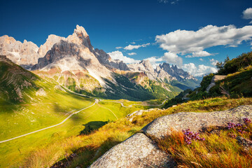 Magical view of the Pale di San Martino Group. Dolomites, South Tyrol, Italy, Europe.