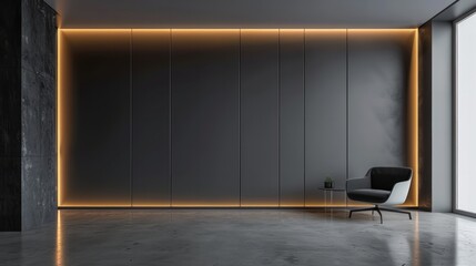 Modern minimalist interior design with a sleek black wall, illuminated with ambient lighting, and a stylish chair in a spacious empty room.