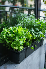 Vibrant homemade container garden on balcony oasis bursting with fresh green vegetables.
