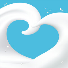 Abstract milk waves with heart shape on blue background, vector illustration and design.