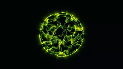 Abstract energy sphere of particles and waves of magical glow on a dark background