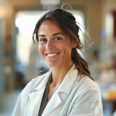 Woman in Lab Coat Smiling for Camera
