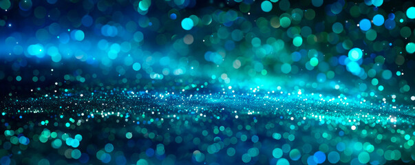 Swirls particles of indigo and emerald lights intertwine in a mesmerizing display, creating a dreamy and enchanting atmosphere. Background for the presentation. Banner. Copy space