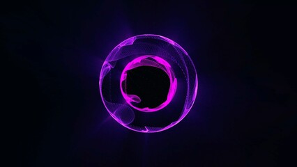 Abstract energy sphere of particles and waves of magical glow on a dark background