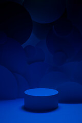 Abstract scene for presentation skin care products - one round podium mockup in gradient dark blue ultramarine light, bubbles fly as decor. Template for displaying, showing in rich luxury style.