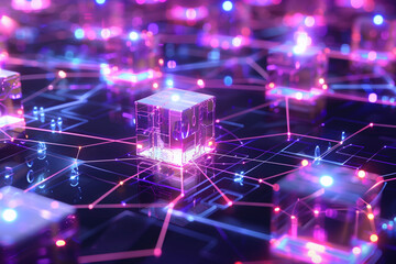 Featuring interconnected blocks, this blockchain network diagram symbolizes the latest trends in secure digital transactions, demonstrating the enhanced reliability and transparenc