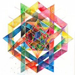 Fototapeta premium Watercolor painting of a hypercube transcending its geometric constraints, morphing into abstract forms that defy, on isolated white background, Generative AI