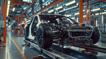 Fototapeta premium Photo of automobile production line. Welding car body. Modern car assembly plant. Auto industry. High-tech factory