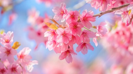 Vibrant pink cherry blossoms hanging gracefully from tree branches, set against a clear blue sky on a bright spring day.