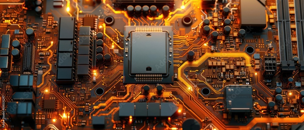 Poster close-up view of a lit-up circuit board with electronic components, showcasing the complexity and in