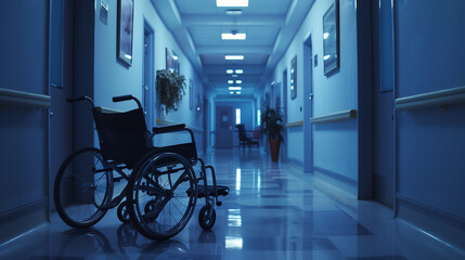 Empty wheelchair in a dimly lit hospital corridor at night