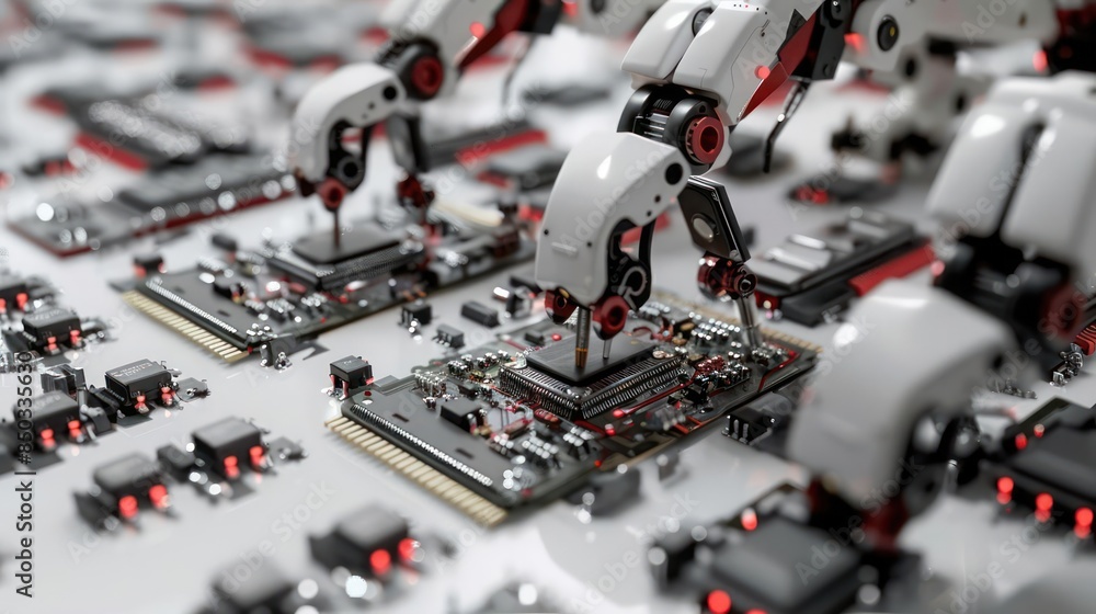 Poster robotic arms assembling electronic circuit boards, showcasing automation and precision in modern tec
