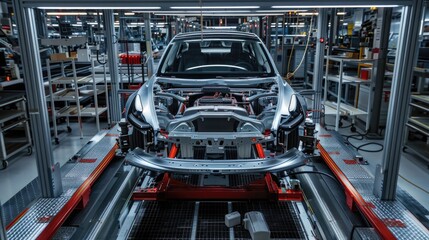 Fototapeta premium Photo of automobile production line. Welding car body. Modern car assembly plant. Auto industry. High-tech factory