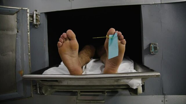 Morgue close up of corpse feet in hospital