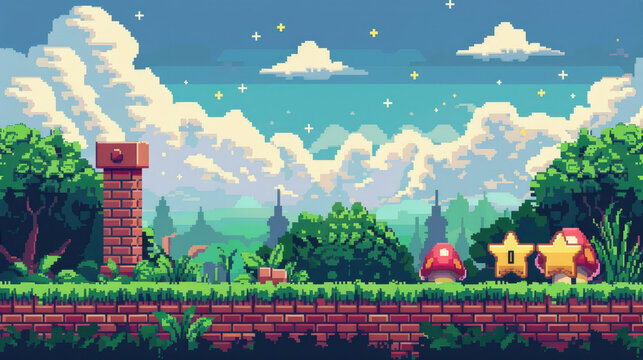 Video Game Pixel Art Scene with 'Level Up' Button Display