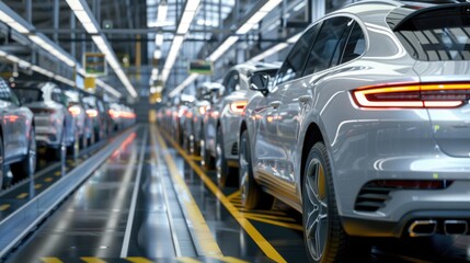 Fototapeta premium Photo of automobile production line. Welding car body. Modern car assembly plant. Auto industry. High-tech factory