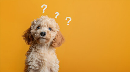 A curious puppy with a wavy, cream-colored coat, gazing upward. Three question marks float above the puppy's head against a plain yellow background. Copy space.