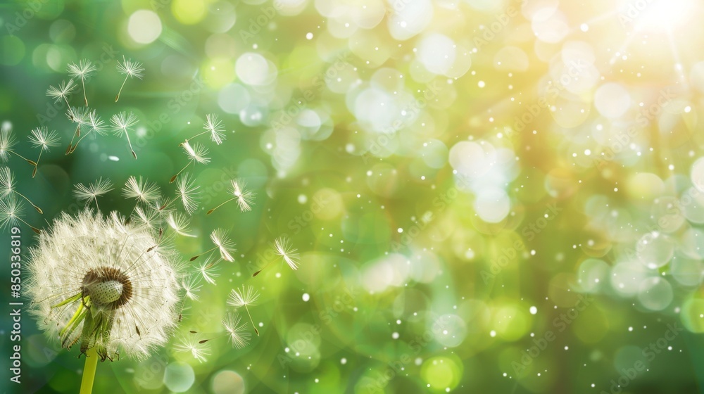 Poster a dandelion is blowing in the wind, with a green background and a blurry effect