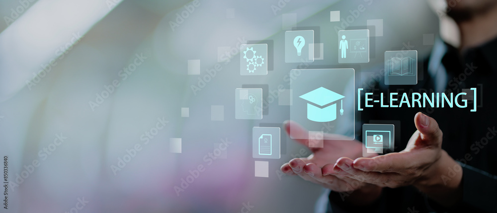 Aufkleber Concept of Online education. man use Online education training and e-learning webinar on internet for personal development and professional qualifications. Digital courses to develop new skills..