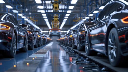 Photo of automobile production line. Welding car body. Modern car assembly plant. Auto industry. High-tech factory
