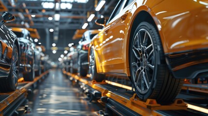 Fototapeta premium Photo of automobile production line. Welding car body. Modern car assembly plant. Auto industry. High-tech factory