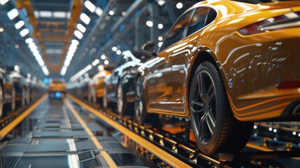 Fototapeta premium Photo of automobile production line. Welding car body. Modern car assembly plant. Auto industry. High-tech factory